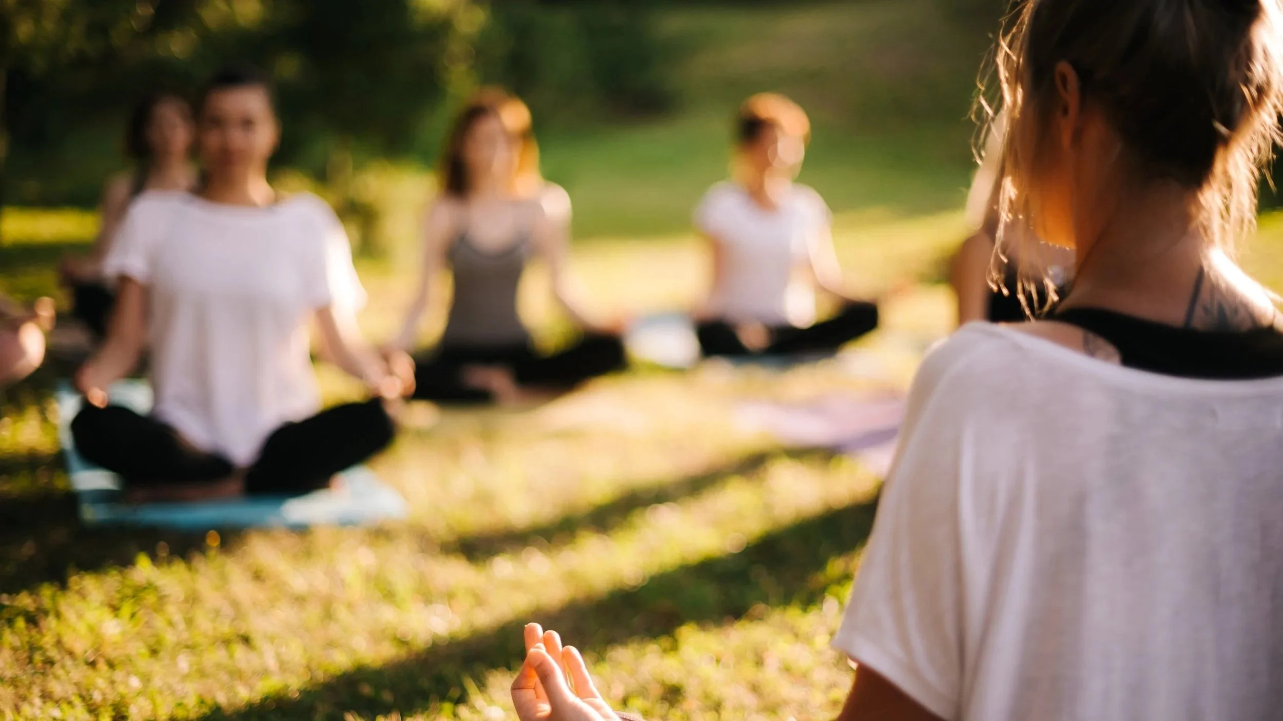 A group of women practicing yoga outdoors in a park during sunset, with one woman in the foreground facing away.