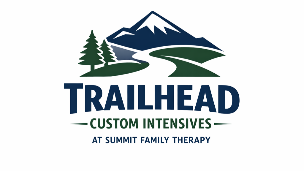 Logo for Trailhead Custom Intensive at Summit Family Therapy featuring a mountain, pine trees, and a winding road.