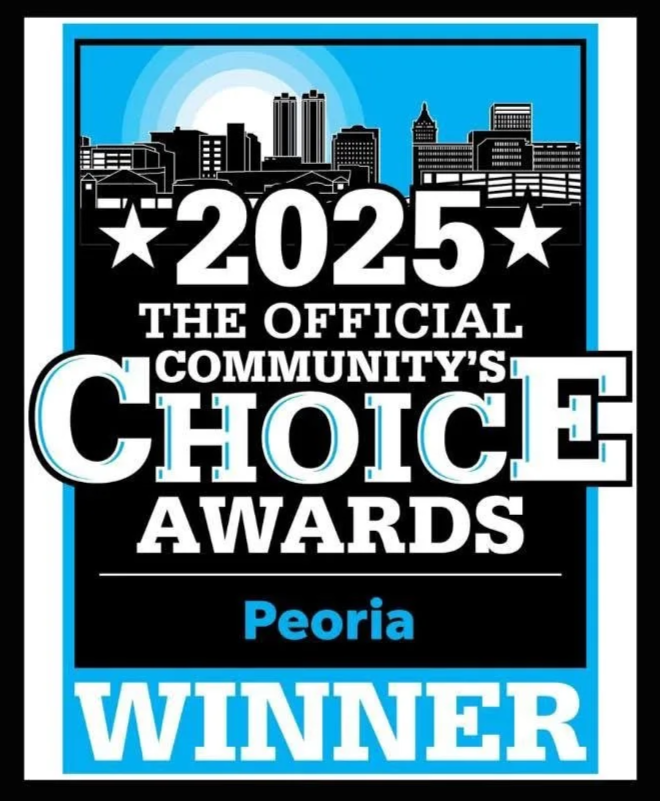 A graphic design poster for the 2025 Community Choice Awards in Peoria. Features a city skyline silhouette, the event year, and text highlighting the award, location, and winner status.