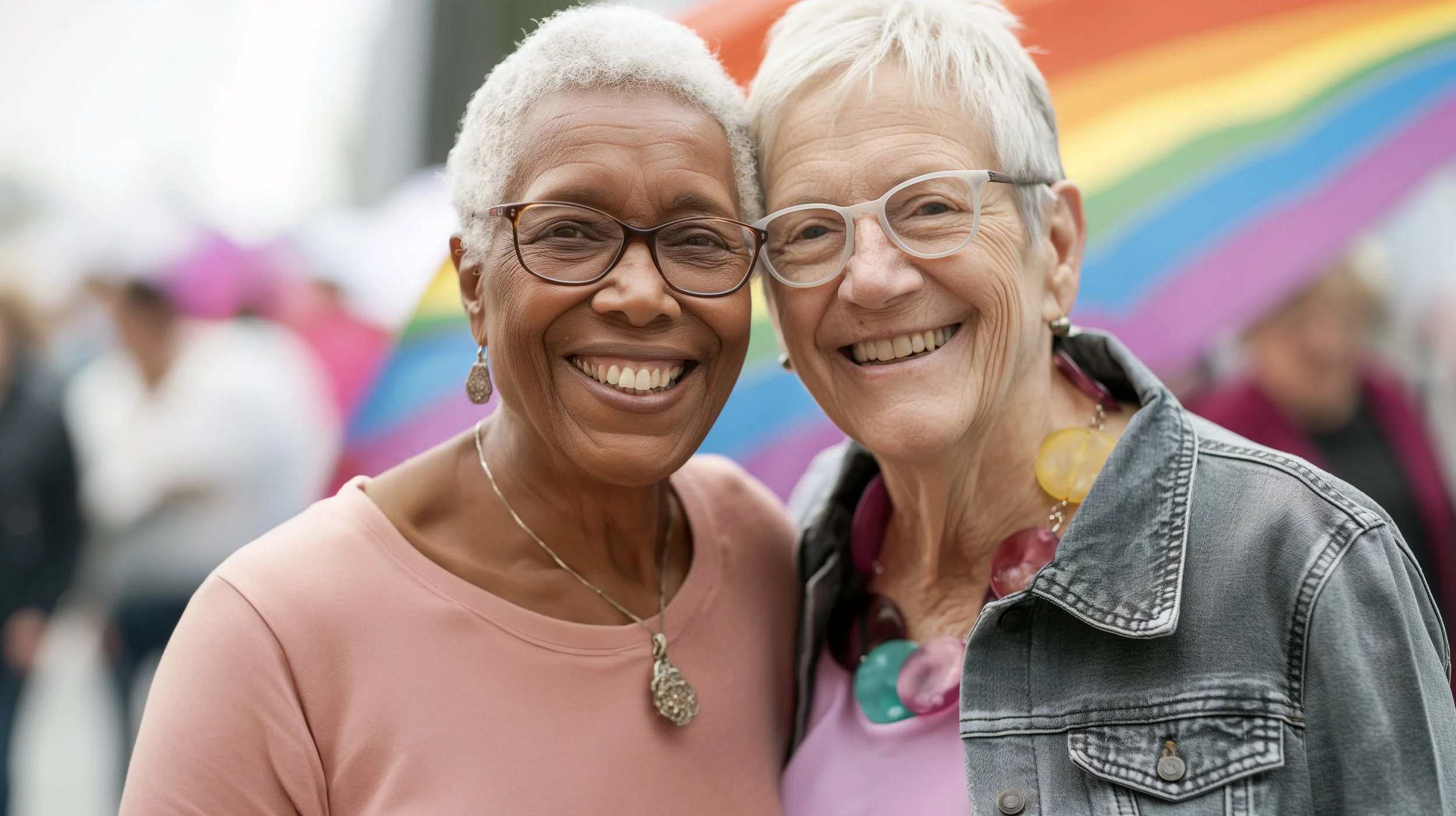 Two smiling women, one with short gray hair and glasses wearing a pink shirt, the other with short white hair and glasses wearing a denim jacket, stand close together at an outdoor event with rainbow umbrellas in the background.