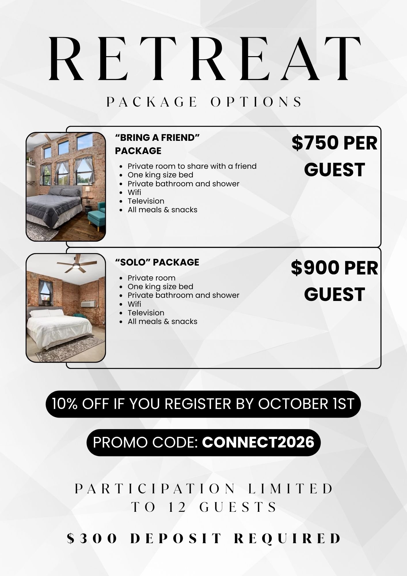 Flyer for a retreat with package options, prices, and reservation details. Features images of bedrooms and details about room amenities.