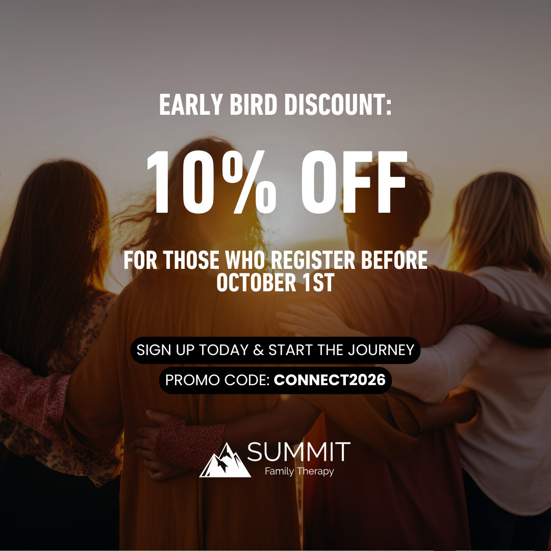 Group of four people with arms around each other at sunset. Promotional text for a family therapy summit offering a 10% early bird discount with a promo code.