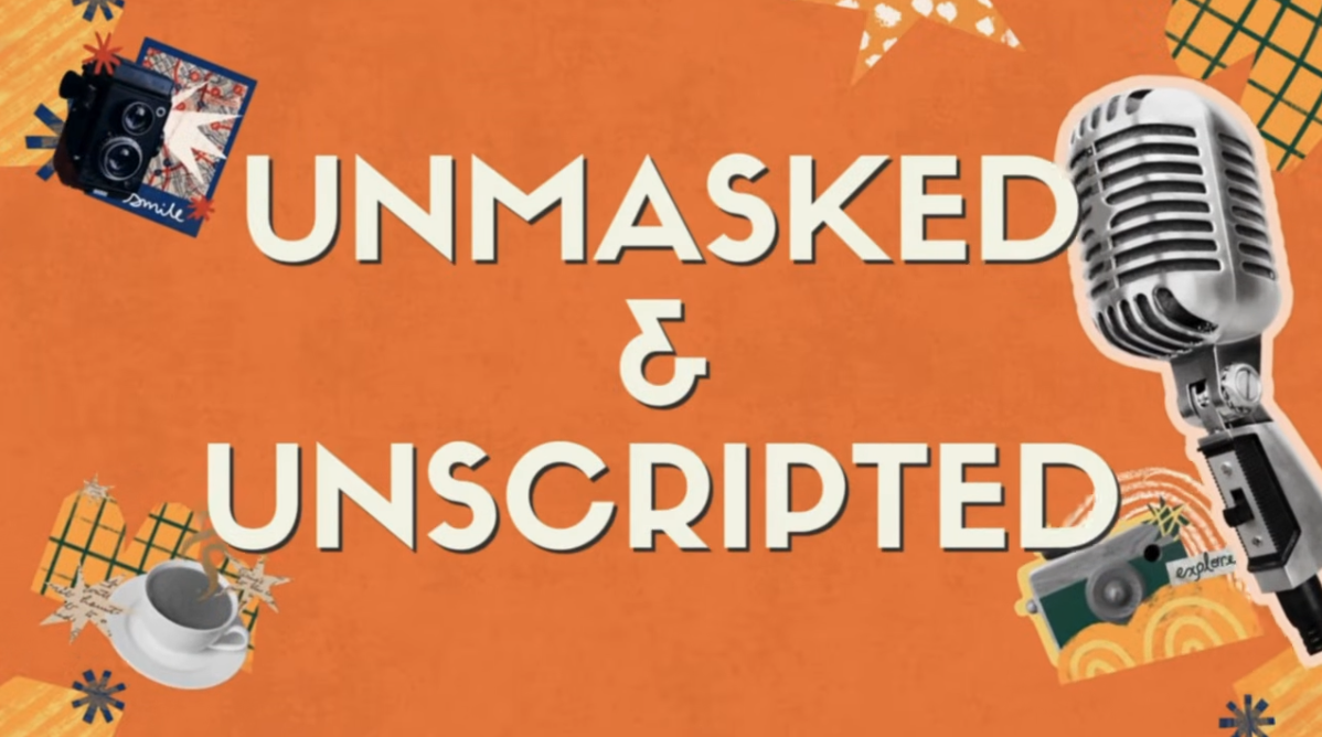Orange background with white text that reads 'Unmasked & Unscribed'. Decorative elements include a vintage microphone on the right, a camera and a coffee cup with a Christmas ornament on the left, and small holiday-themed graphics such as gift boxes, stars, and snowflakes.