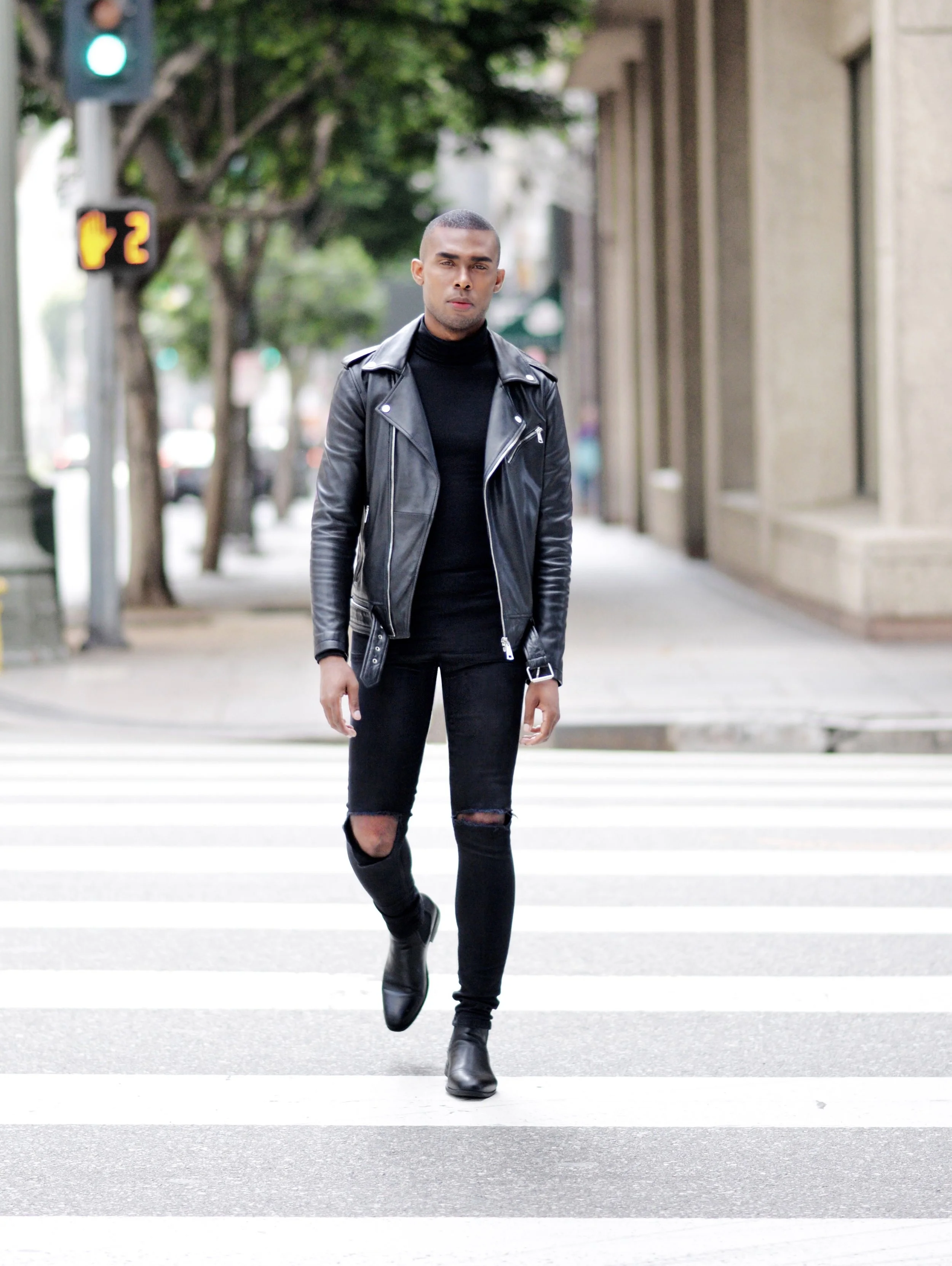jeans with black leather jacket