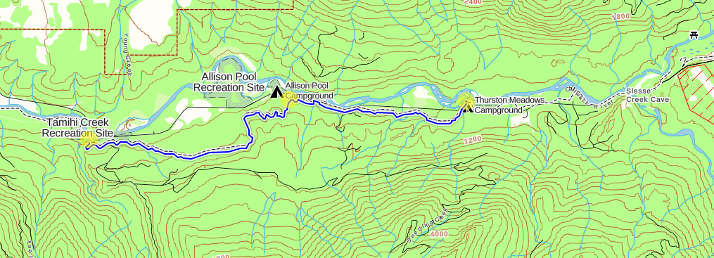 Route map, dark blue is hiking.