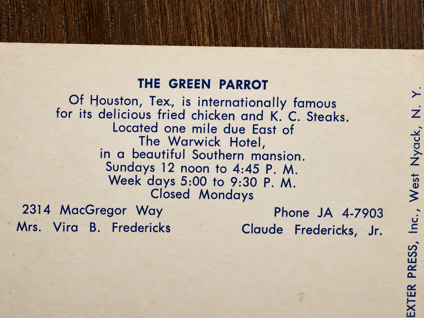Vintage Green Parrot Restaurant Card 7.png