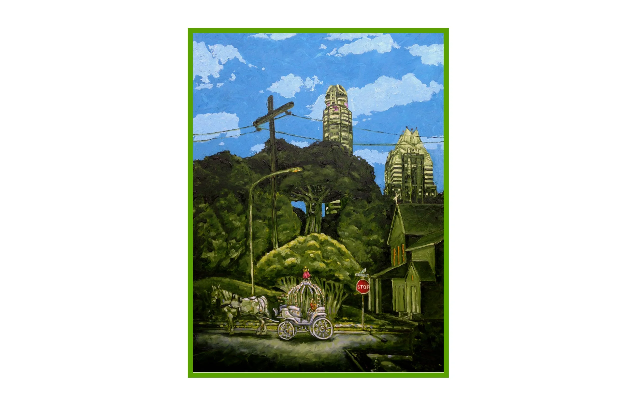 sadie battles the giant skyscrapers - 36"w x 48"h - oil on canvas