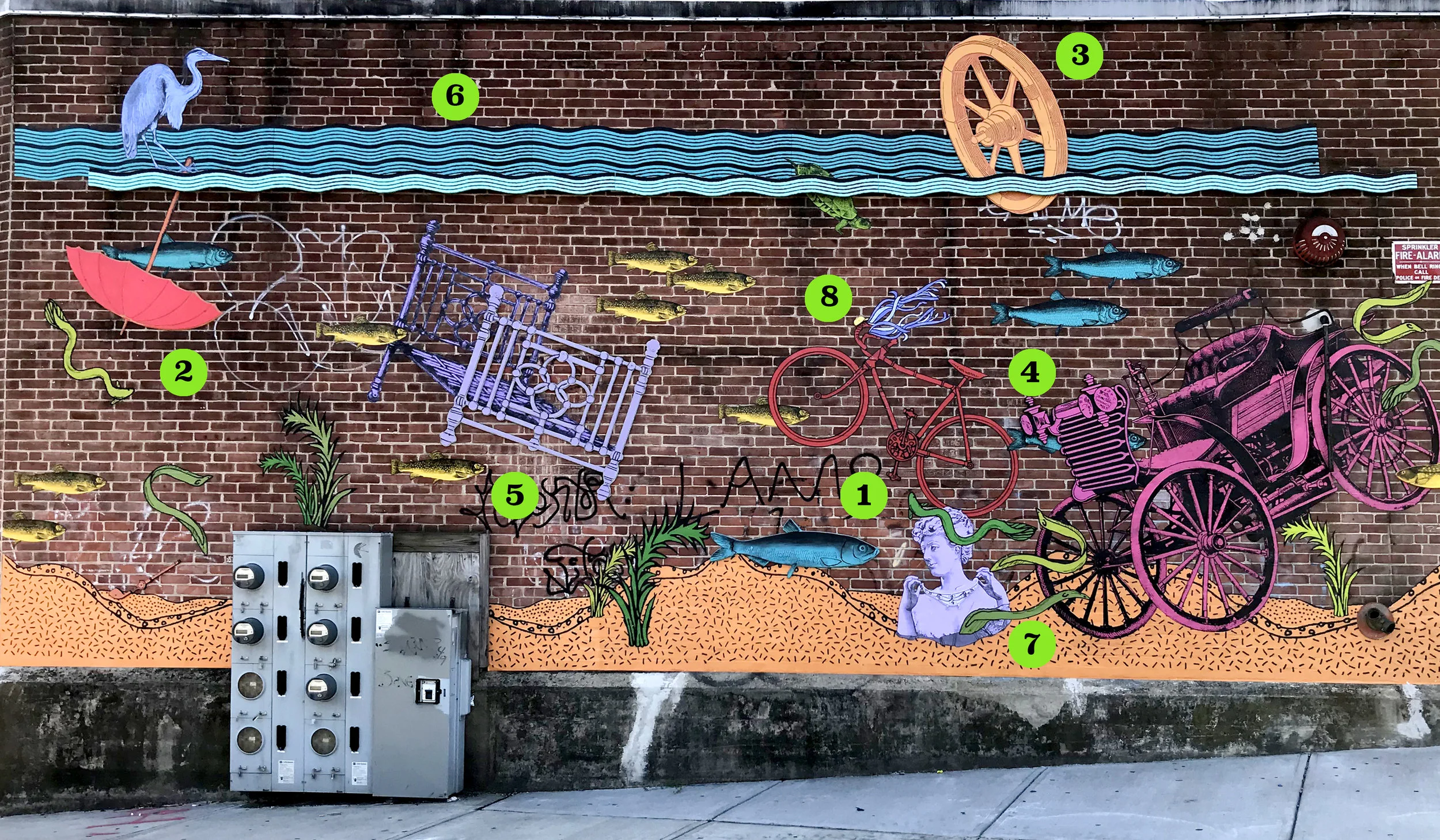 Mural located on the Woonasquatucket River Greenway Bike Path at the intersection of San Souci Dr + Manton Ave, Providence, RI