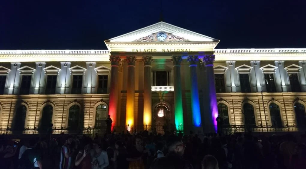 The Palacio Nacional in El Salvador lit up for Pride Week.
