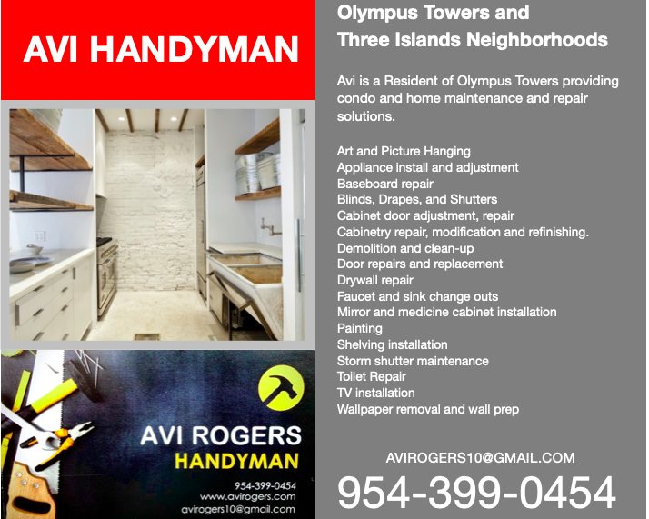 Avi Handyman 20% Discount for Olympus Towers and Three Island Blvd Residents (Copy)