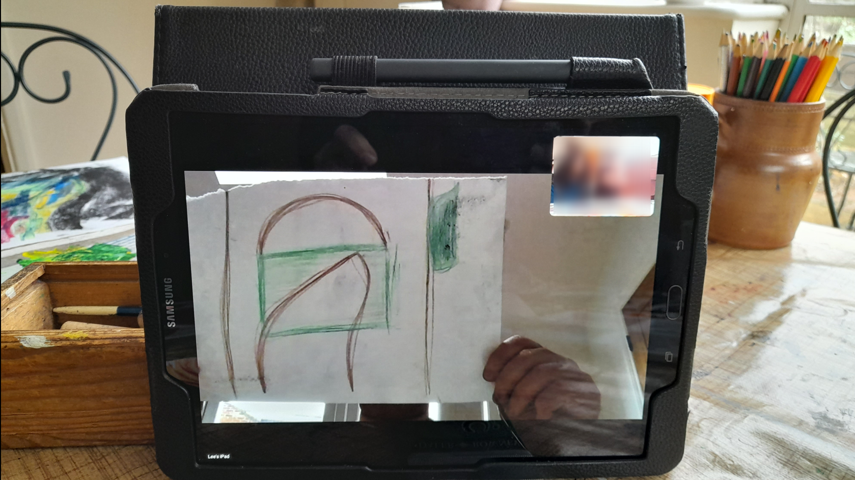Abstrat art workshop attended remotely via zoom. Exploring randomly shapes and colours.