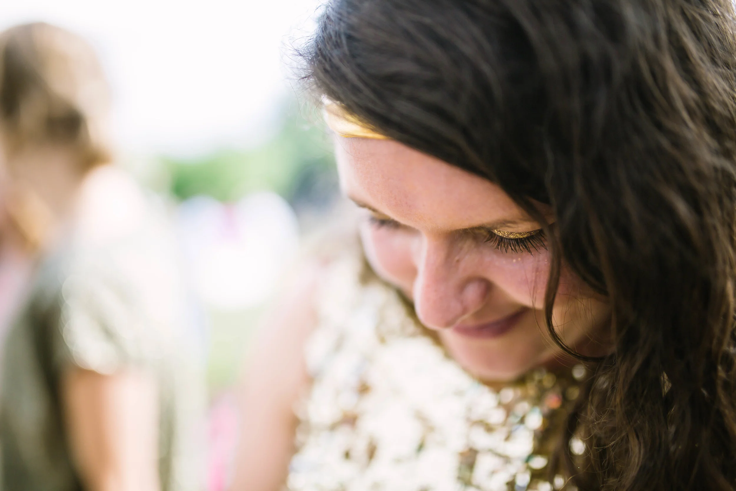 Gold glitter bridesmaid, UK festival wedding photography by Olivia Moon Photography