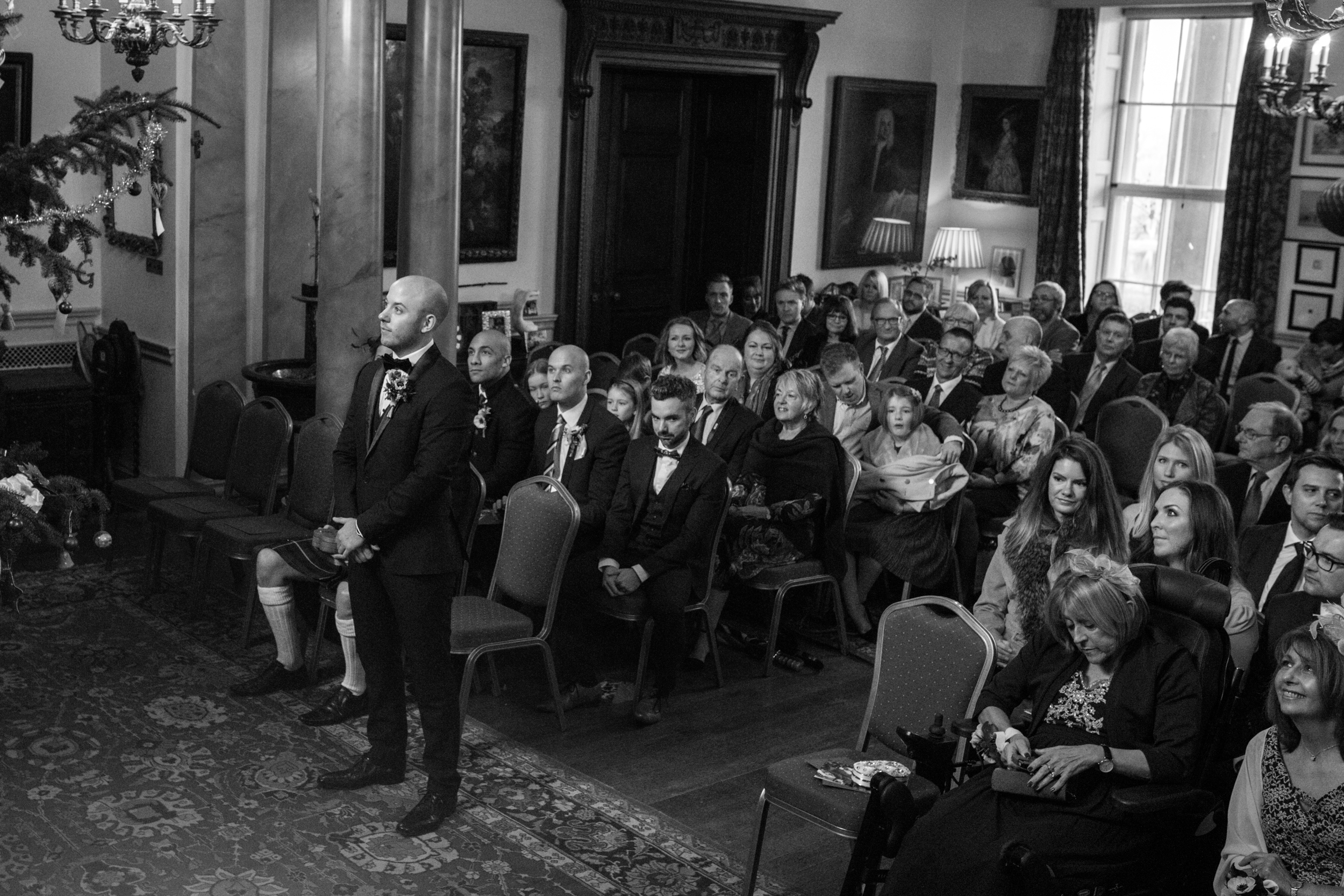 Groom waiting for bride at Walcot Hall