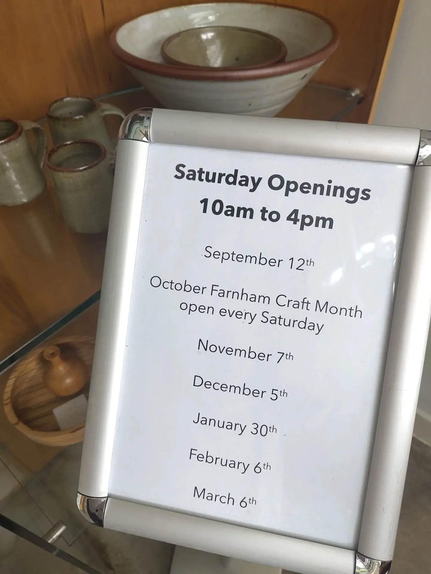 We are open Tuesday to Friday 10am to 5pm and selected Saturdays 10am to 4pm, closed Sundays and Mondays. 

The Saturdays we are open are shown above and include all Saturdays in October Farnham Craft Month.

Entrance is FREE

We look forward to welc