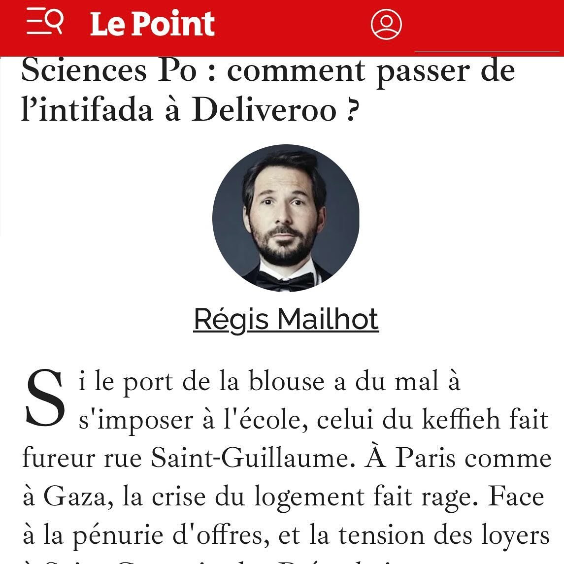 &Agrave; lire en int&eacute;gralit&eacute; @lepointfr 
https://www.lepoint.fr/debats/sciences-po-comment-passer-de-l-intifada-a-deliveroo-04-05-2024-2559407_2.php