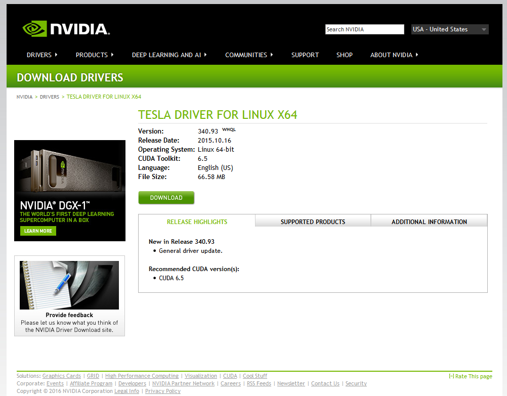 The NVIDIA Driver selection page for the Tesla S1070 System