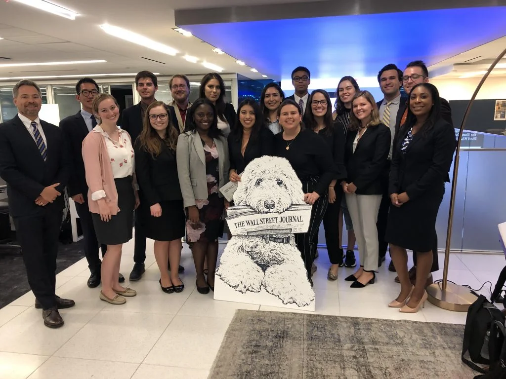 Paul Glader and 2019 DJNF business reporting interns on a visit to The Wall Street Journal, where they spent a morning learning from top editors and writers. Photo courtesy Paul Glader.