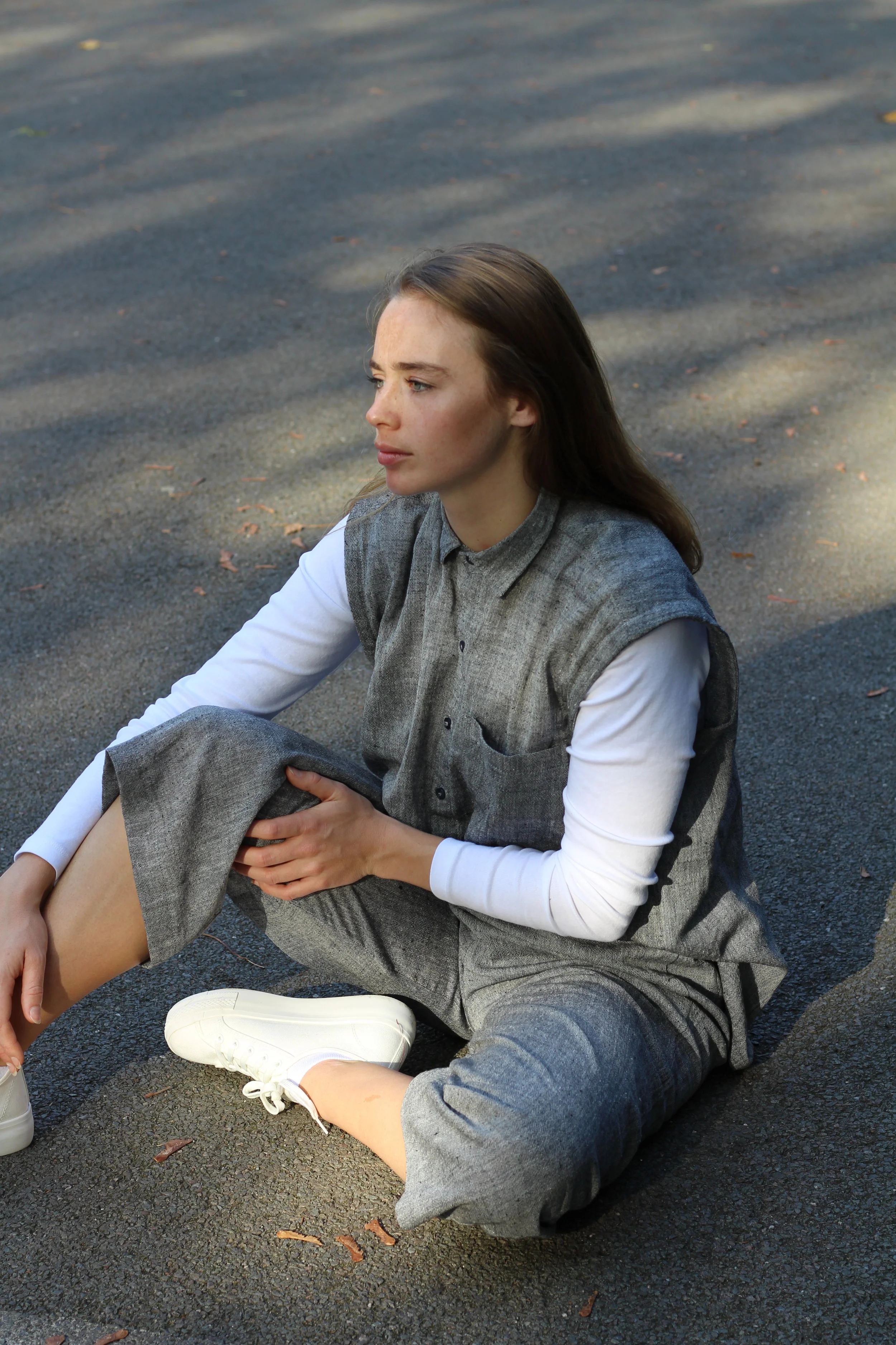 ED 1 THREAD NO 6 ___SLATE GREY OVERSIZE SLEEVELESS, OFF THE SHOULDER SHIRT