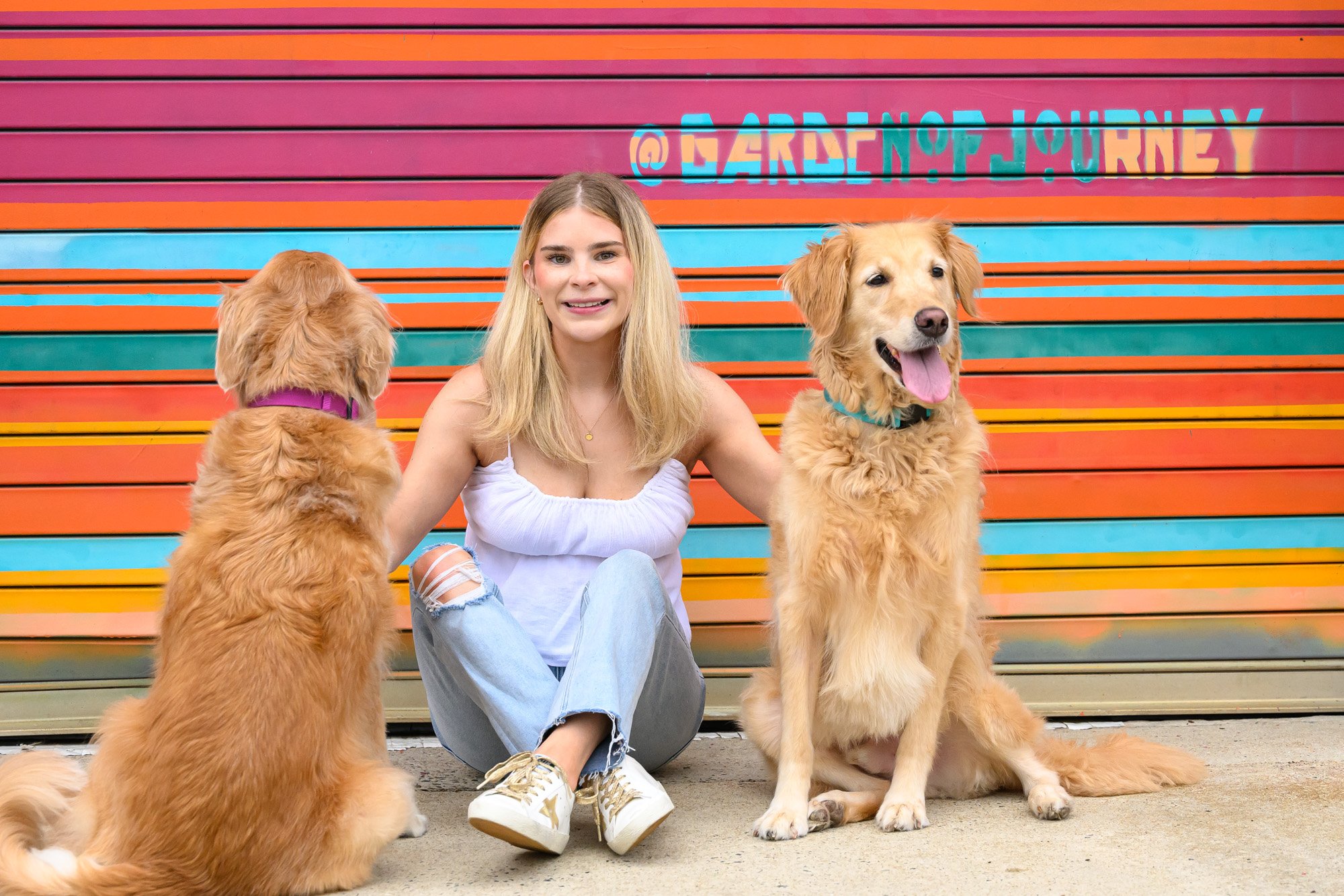 blooper with 2 golden retrievers and dog mom