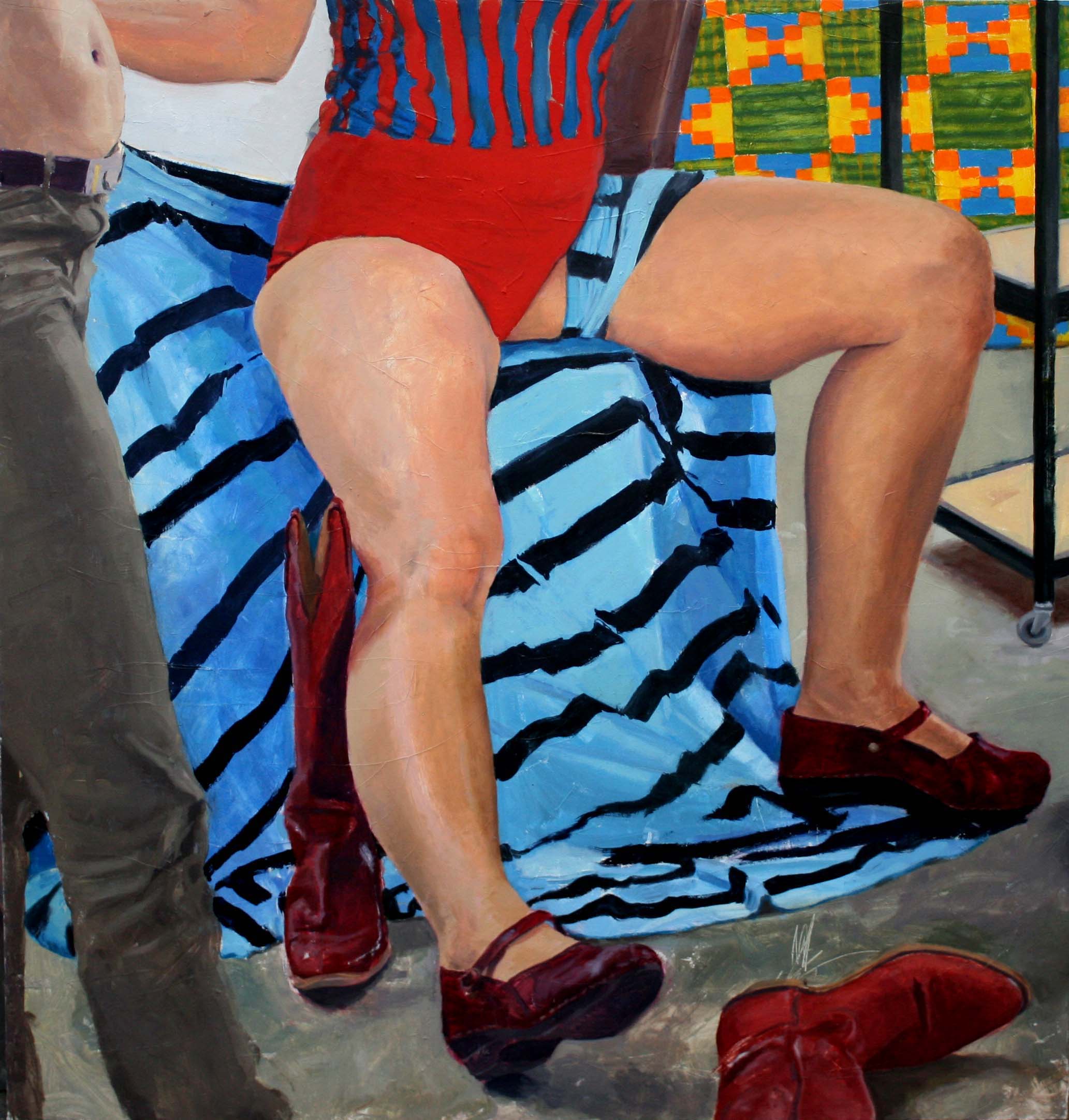    Enthroned with Stripes and Shoes , 2015. Oil on canvas, 47 x 45"  