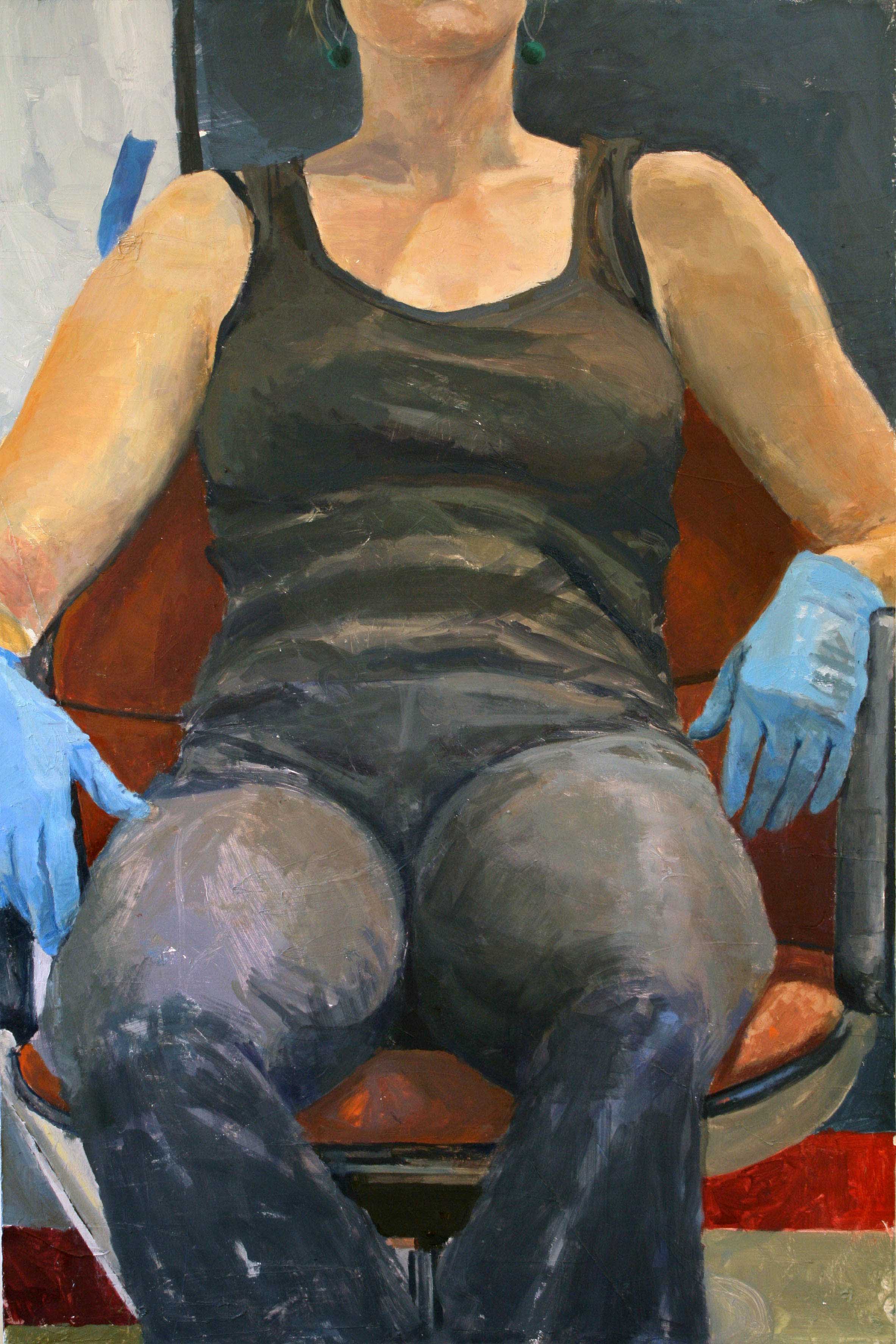   Seated with Blue Gloves , 2009. Oil on canvas, 40 x 28" 