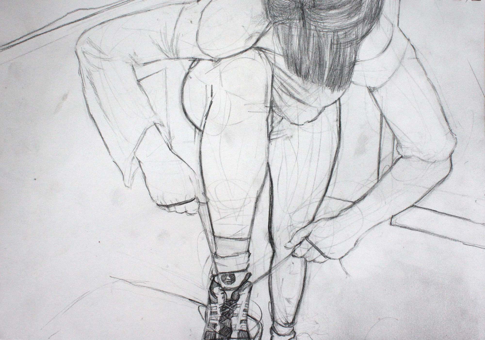  Tying Her Shoe, 2010. Graphite on paper, 9 x 12" 