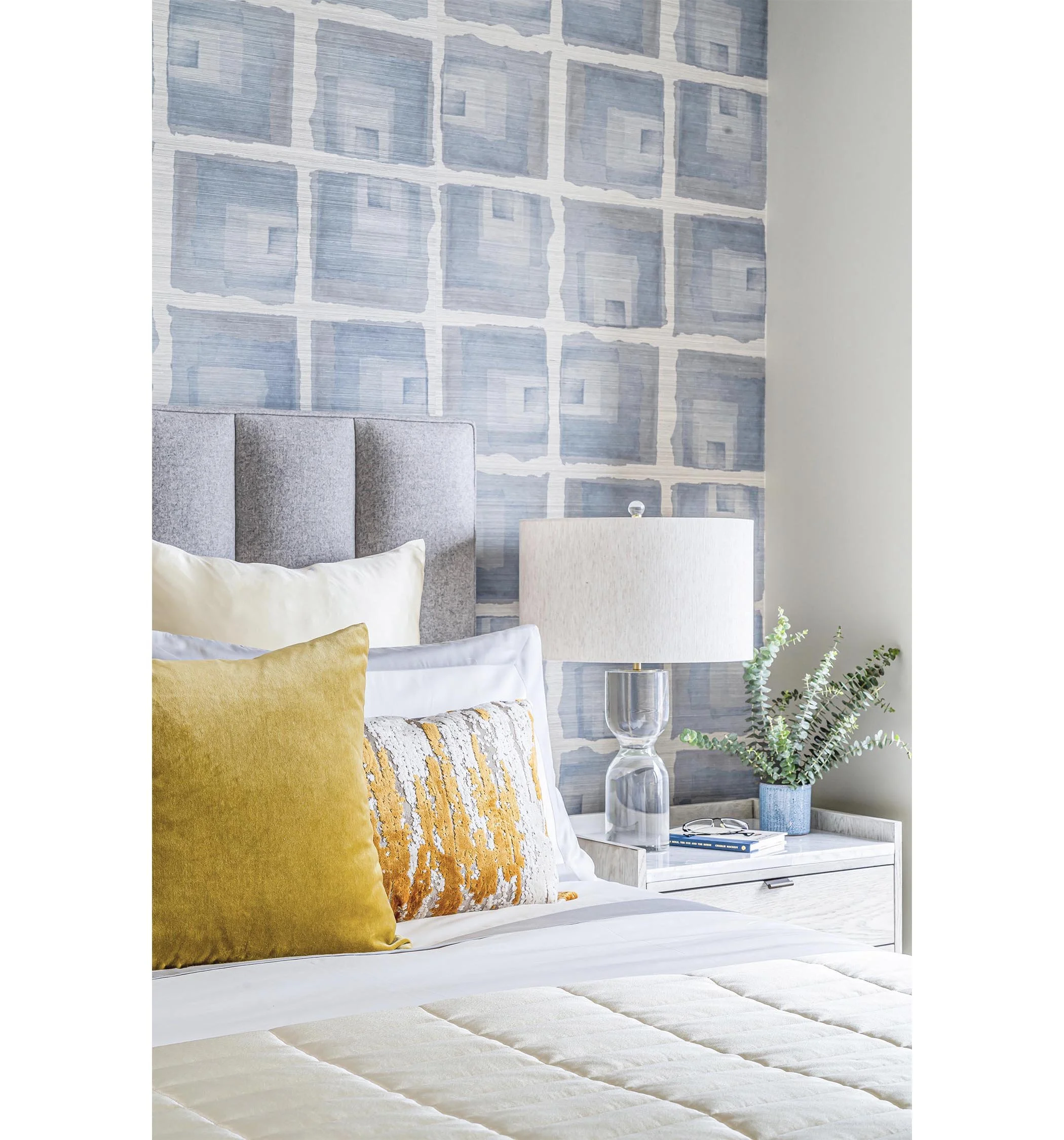 Natural Principles wallpaper and wallcoverings collection by Trevor Fulmer Design, featuring the Off The Grid line in Chasing Rain, and grid design with watercolor inspired blending