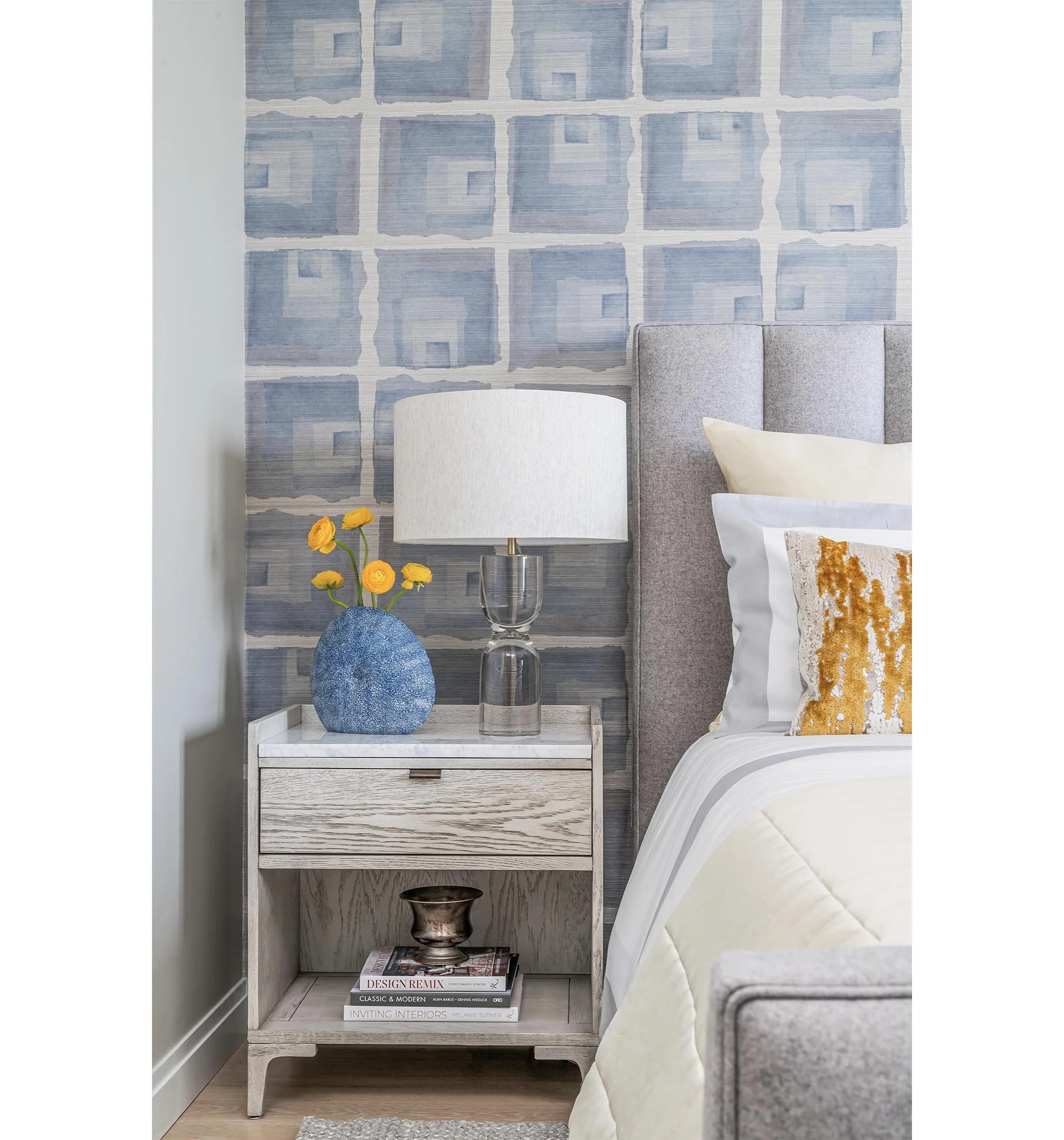 Natural Principles wallpaper and wallcoverings collection by Trevor Fulmer Design, featuring the Off The Grid line in Chasing Rain, and grid design with watercolor inspired blending