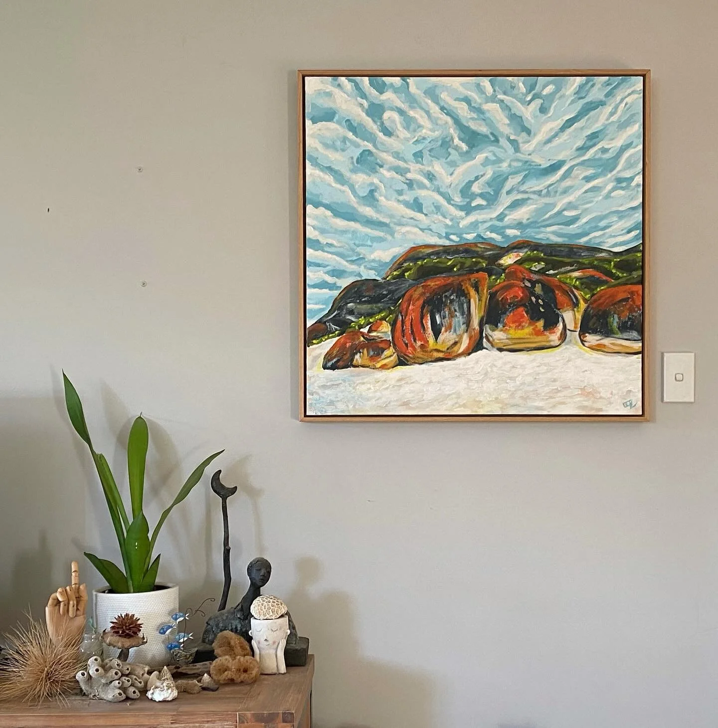 &ldquo;Denmark Rocks&rdquo;
An expression of the colourful Elephant Rocks in Western Australia&rsquo;s southern coastline. 
Painting FOR SALE.
Acrylic on canvas, 75x75cm, with a light wooden box frame.
A nice piece to add colour to any decor. 
Messag