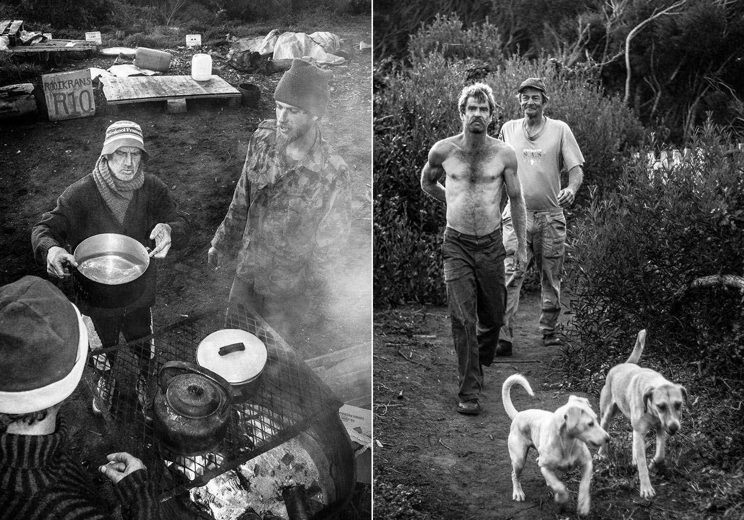 In this small bush settlement, Danie and his fellow workers live without electricity, water, or toilet facilities. They have adapted to function without these everyday luxuries.