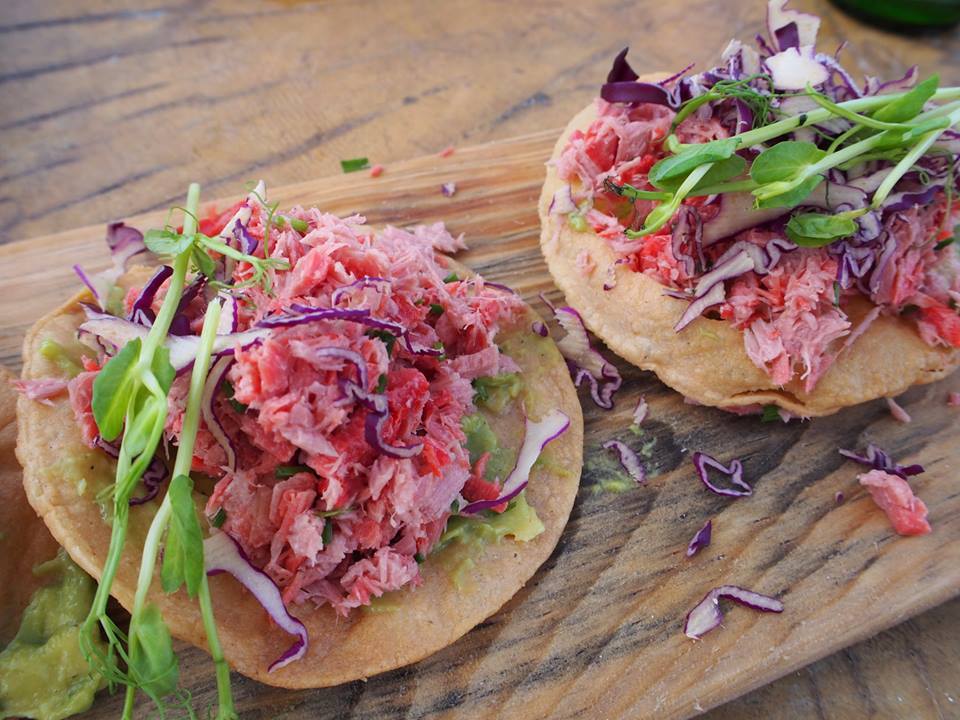 Smoked marlin tacos with red cabbage, pea shoots and guacamole