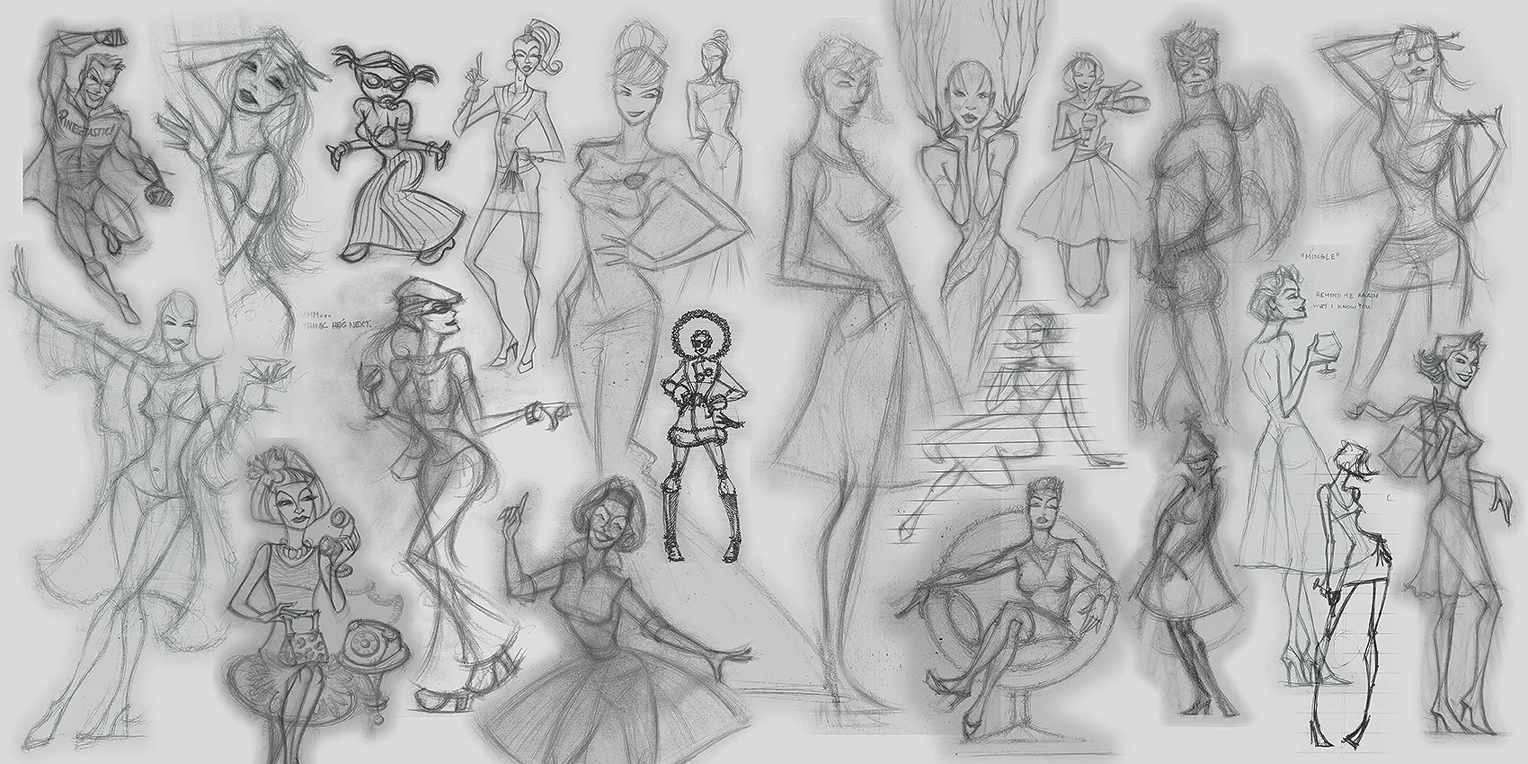 Various pencil sketches. Center spread from the Alter Ego Pop Art coffee table book available from http://www.blurb.com/alteregopopart