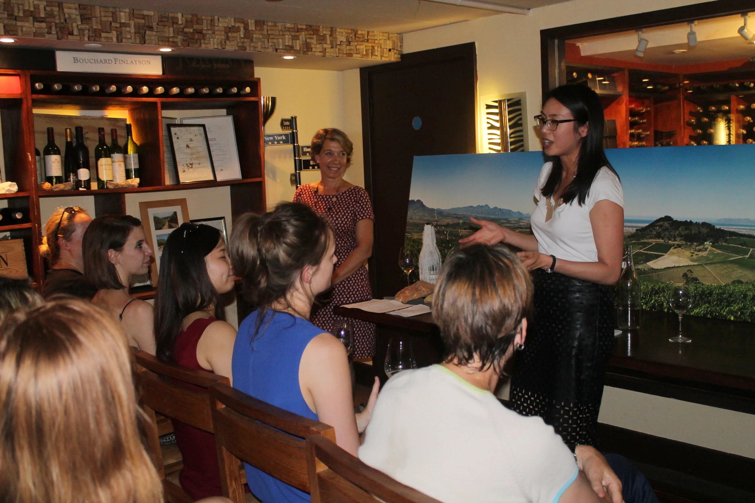 Winemaker Kathy Jordan and WIWL's Regine Lee taking questions from the group in the cellars at High Timber restaurant.