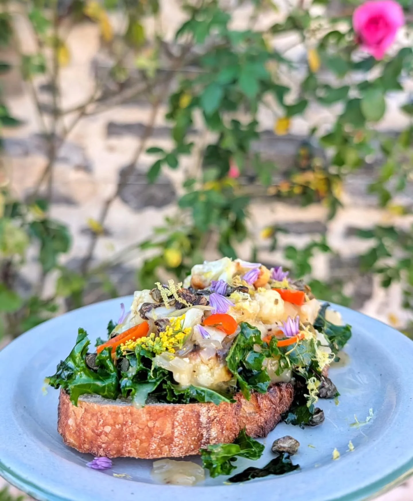 Finally getting to post this week's toppings! 
They are 
Curried roast parsnip spread, smashed avocado, curried crispy chickpeas, balsamic glaze and fresh blackberries! 🥑
Cauliflower picatta, kale, crispy carts, pickled chillies, lemon zest and to