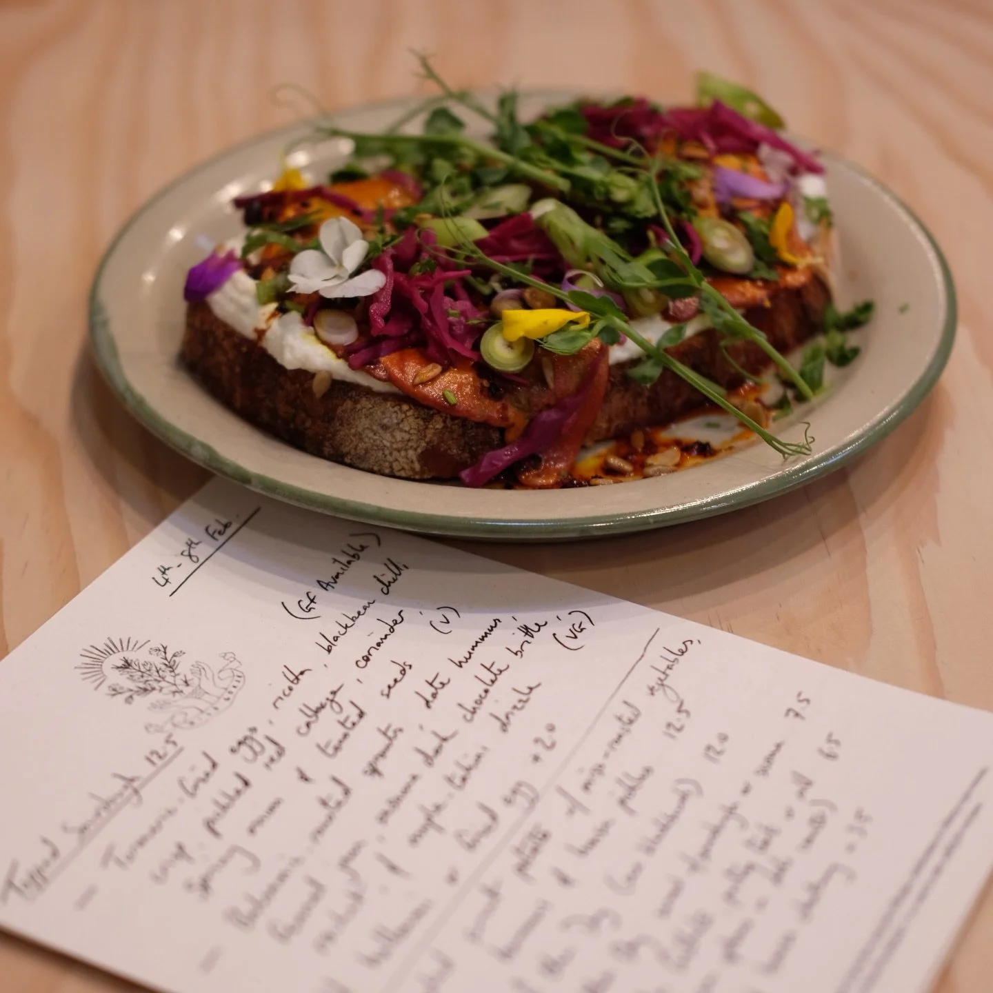 The smell of fresh ingredients being prepared on a Wednesday morning is a highlight of the week, arriving at work to the aroma of this weeks delights 

Turmeric-fried eggs, ricotta, black bean chilli crisp, pickled red cabbage, coriander, spring onio