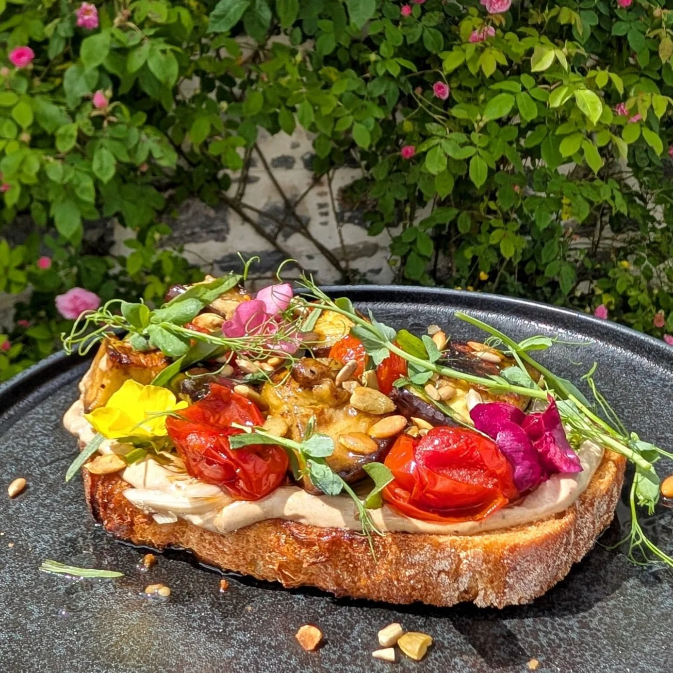 SUMMER ON A PLATE 

Whipped feta, pickled brambles, lemon and basil infused courgette ribbons, hazelnuts

Black garlic yogurt, roasted aubergine and vine tomatoes, pickled fennel, tarragon, chilli oil, toasted seeds