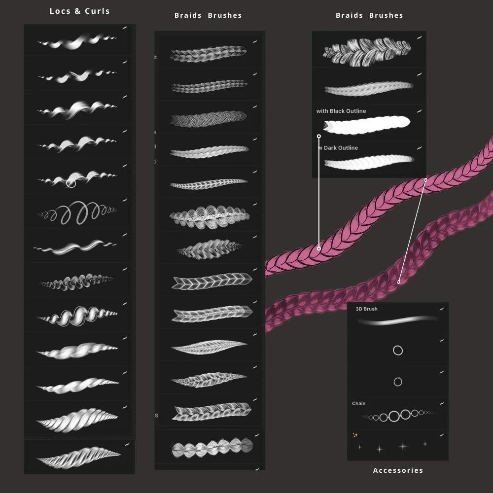 2022 New Procreate brushes ! 65 seamless curls and braids ! — Art by ...