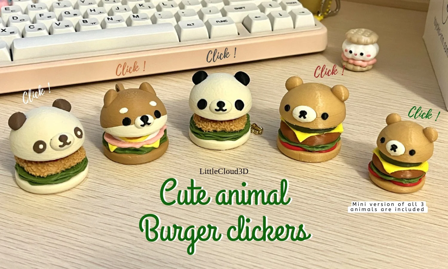 Cute Animal Burger Clickers 3D printed commercial use