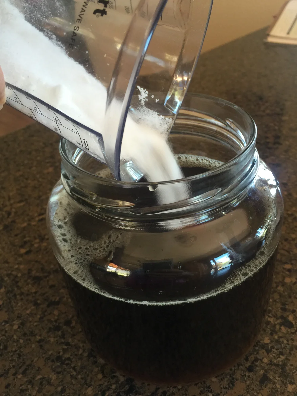 1/2 cup sugar to 1/2 gallon jar. OR 1 cup sugar to 1 gallon jar. Simple!!!