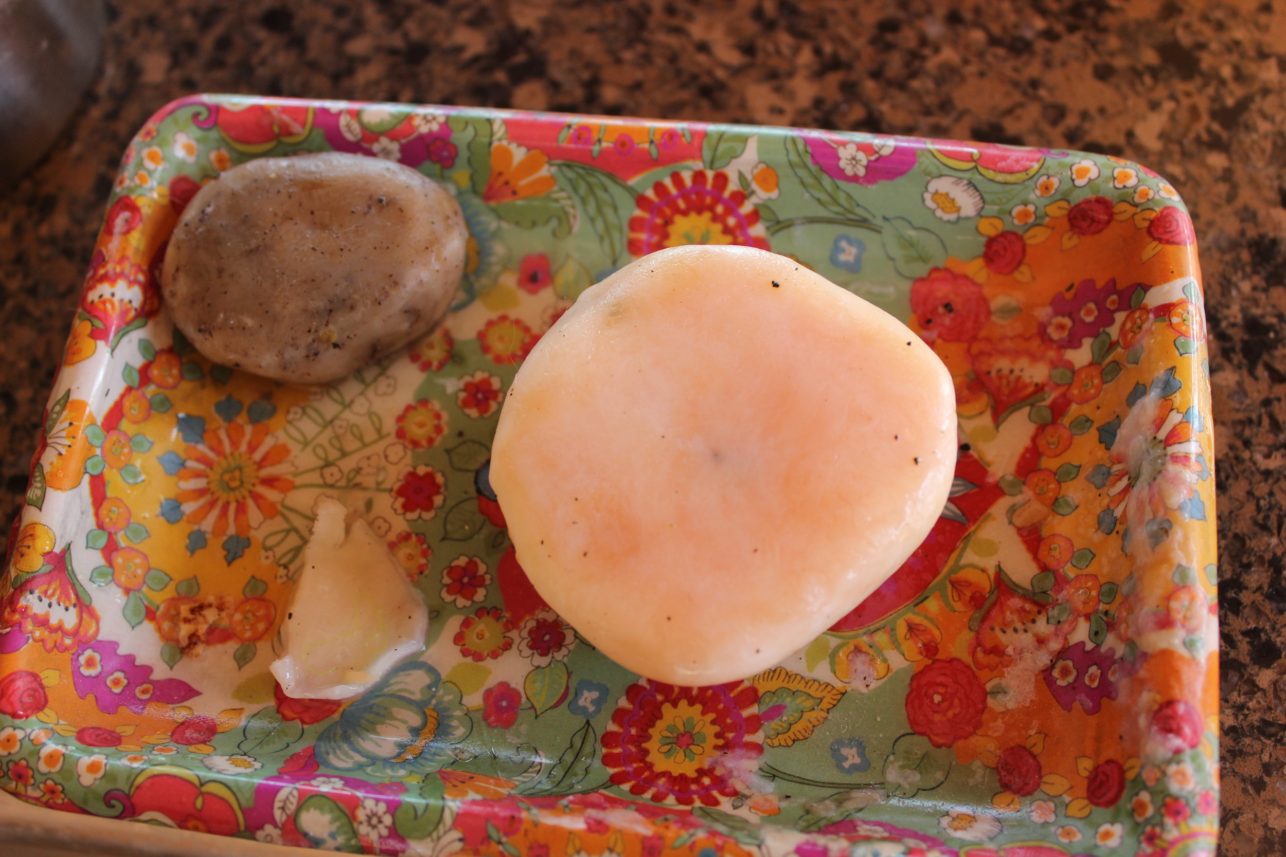 Here are the soap "blobs" from my hot or cold processed soap after some uses. Not too attractive for company---although they do still work great! 