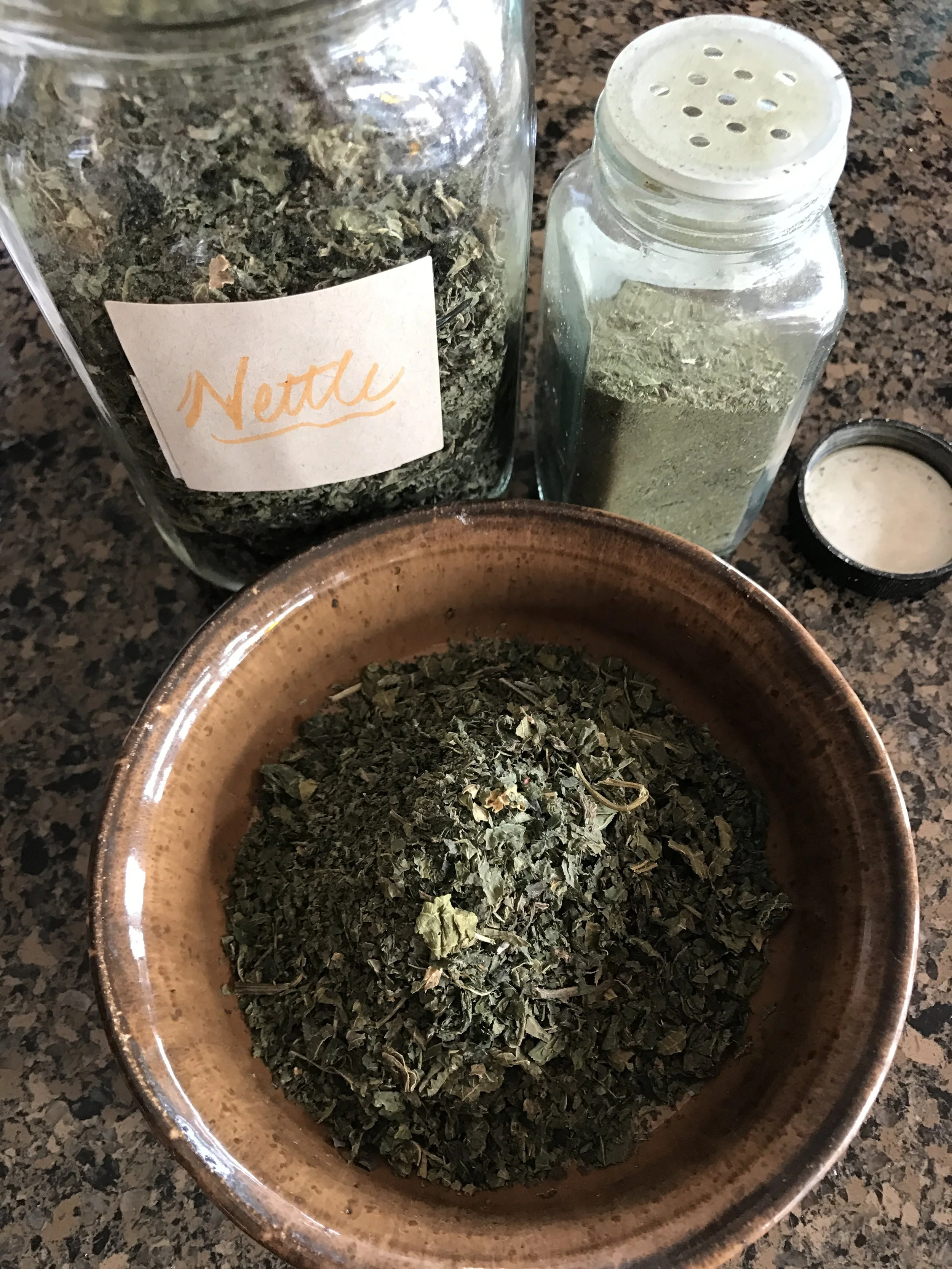 Here's a picture of dried Nettle leaves and the powdered counter part!