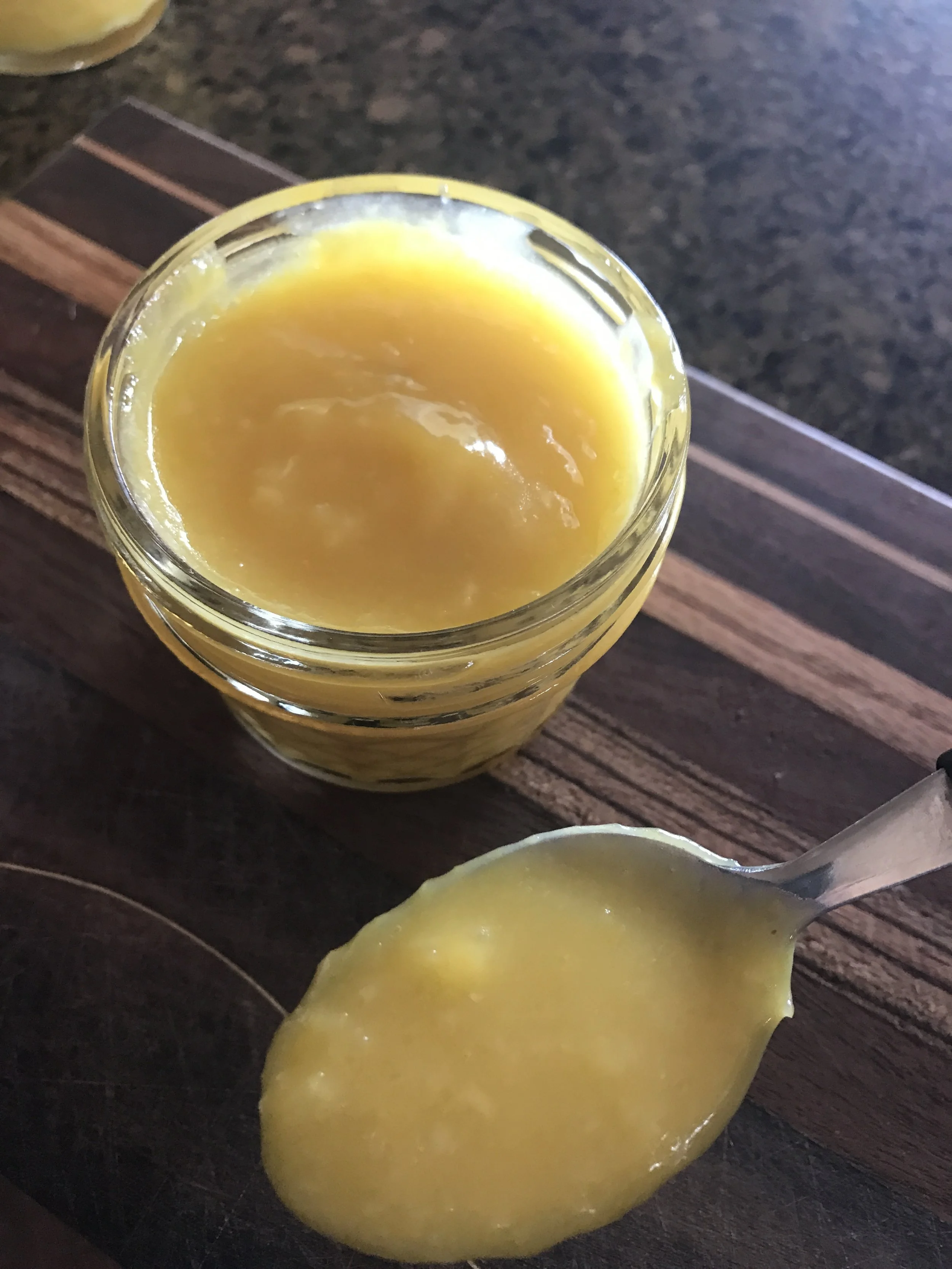 The finished lemon curd! You can see bits of the zest---I think next time, I'll use a real zester because I think the zest will be finer.