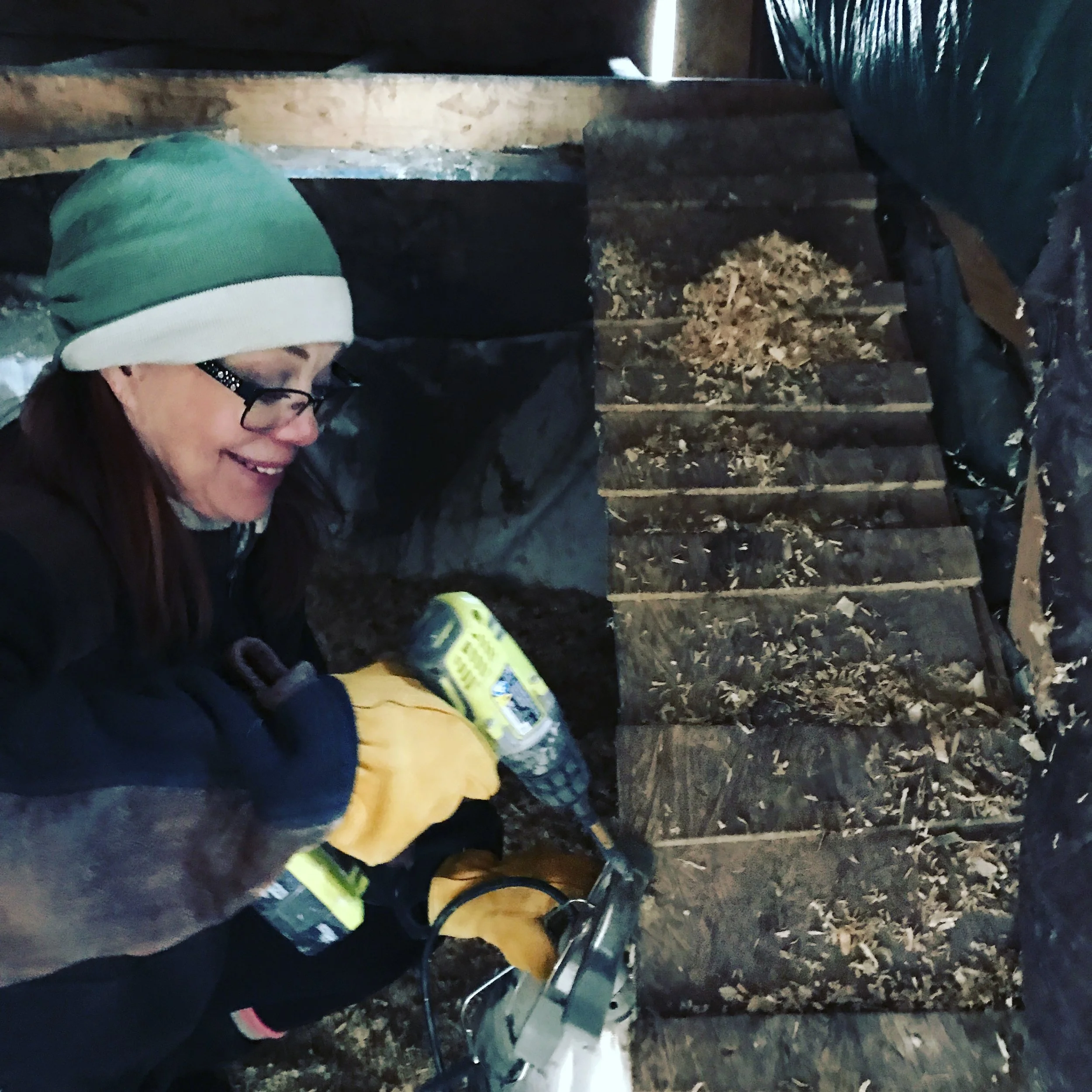 Securing the heat lamp from the ramp in the Nursery Coop. This allows the babies to still get warm if they need to, and the coop is large enough they can get away from the light if they want to as well. 