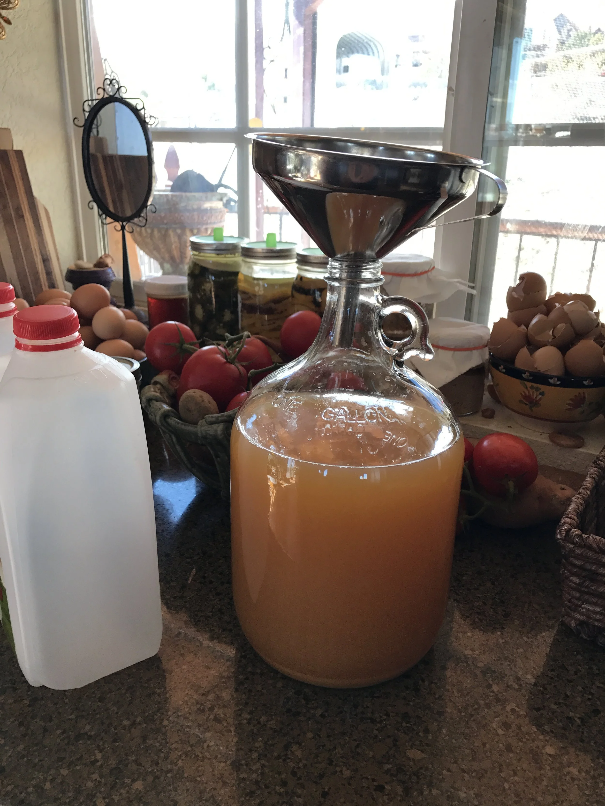 Pouring the cider into the carboy , using a funnel. You can see all the veggies/eggs/eggshells in the background---sorry for the mess! It's time to make some more calcium powder !