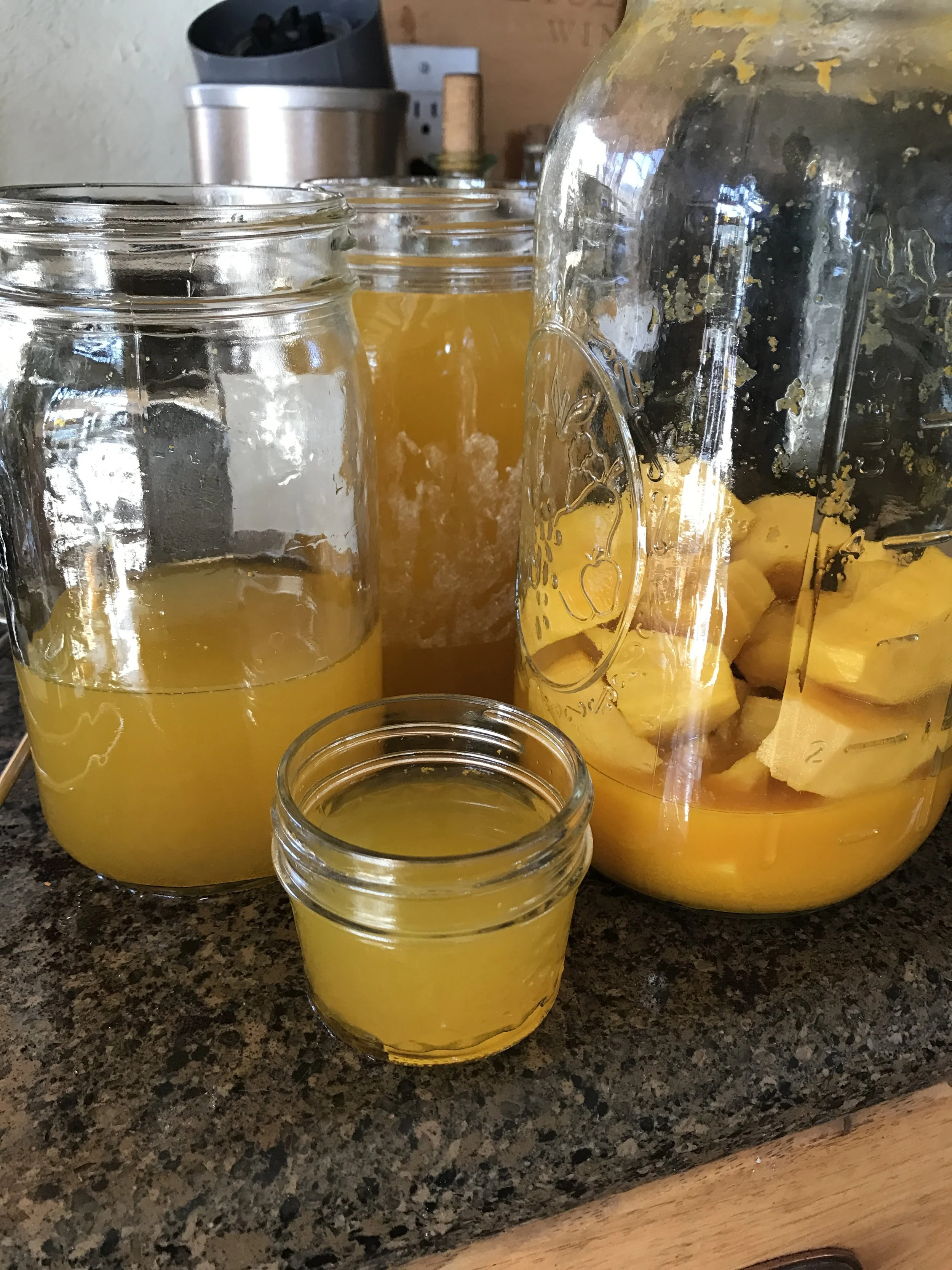 Here is the strained kvass. I left about a cup in the half-gallon Mason jar to the right, because I'm going to go ahead and do a second ferment. You can get away with two ferments, although the second will be a bit weaker in strength.