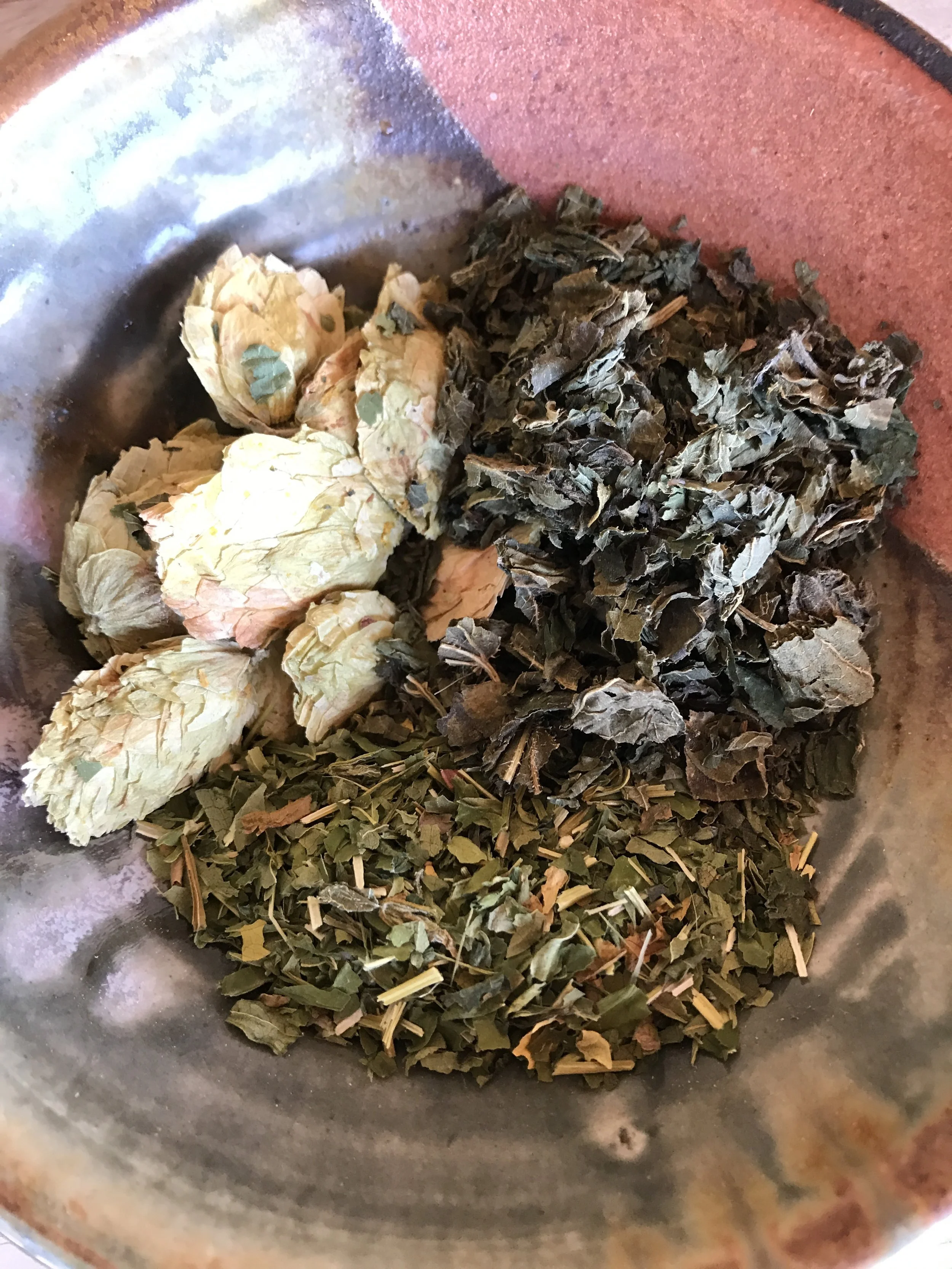 Here are the herbs for the infusion: Hops, Nettle, and Mugwort.