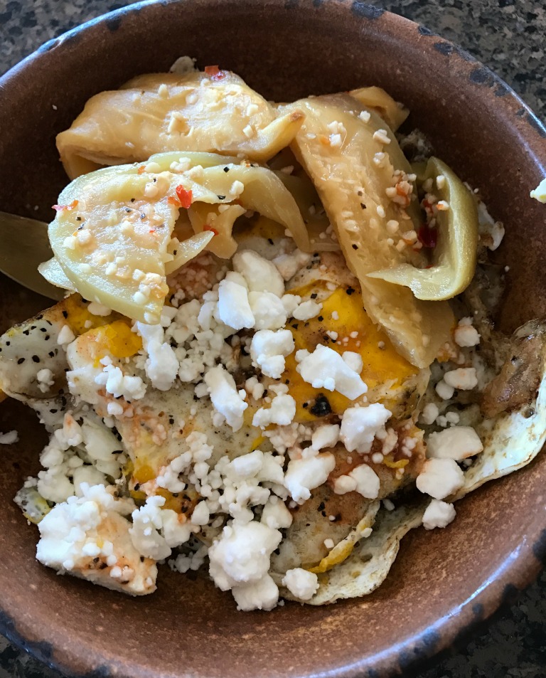 This was the BEST breakfast I've had this week! Yum! Fermented Eggplant, eggs, black pepper, and a bit of feta cheese. 