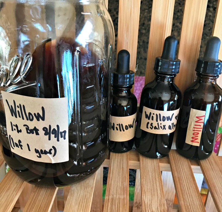 Here are three amber glass dropper bottles filled with my Willow Tincture, and I still have quite a bit left that I'm storing in this Mason jar downstairs in our cold room. NOTE: These were not made using the standard method, but the folk method. I personally like to put my own ratio (non-standardized as herbs and liquid are not scientifically measured) for my own reference later.