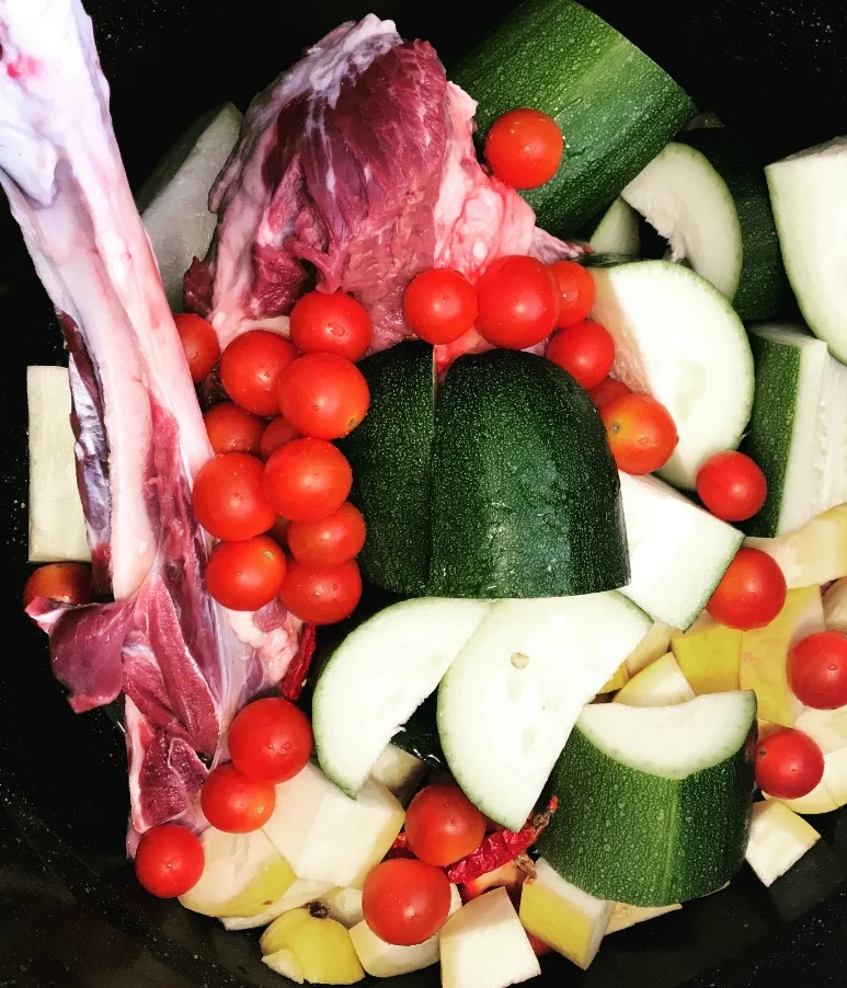 Here is a bird's eye view of the antelope leg and veggies in the pot. I'm using my Granite Ware Canning pot because there's a lot of stuff in there!