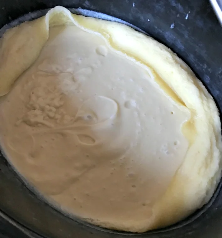 The chemical process of saponification is interesting to watch. Here is soap in an early stage of cooking. The center is completely opaque and hard! Like, you can't stir it at all right now. Just wait about 5-10 minutes though. See the outside edges? When more of the soap starts looking like that and bubbling up the sides---it's time to stir it down.